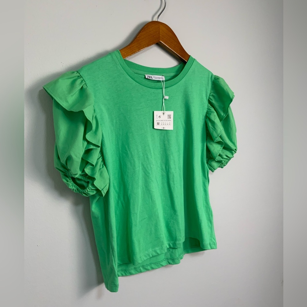 Zara Emerald Green Ruffle Puff Sleeves Top Sz M Stretch Blouse - Picture 3 of 10